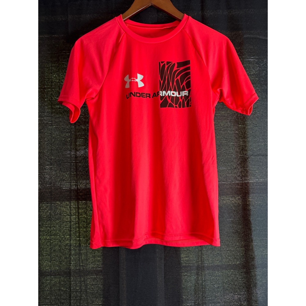 Under Armour HeatGear Boys Youth Large YLG Neon Red Graphic Logo T-Shirt Loose